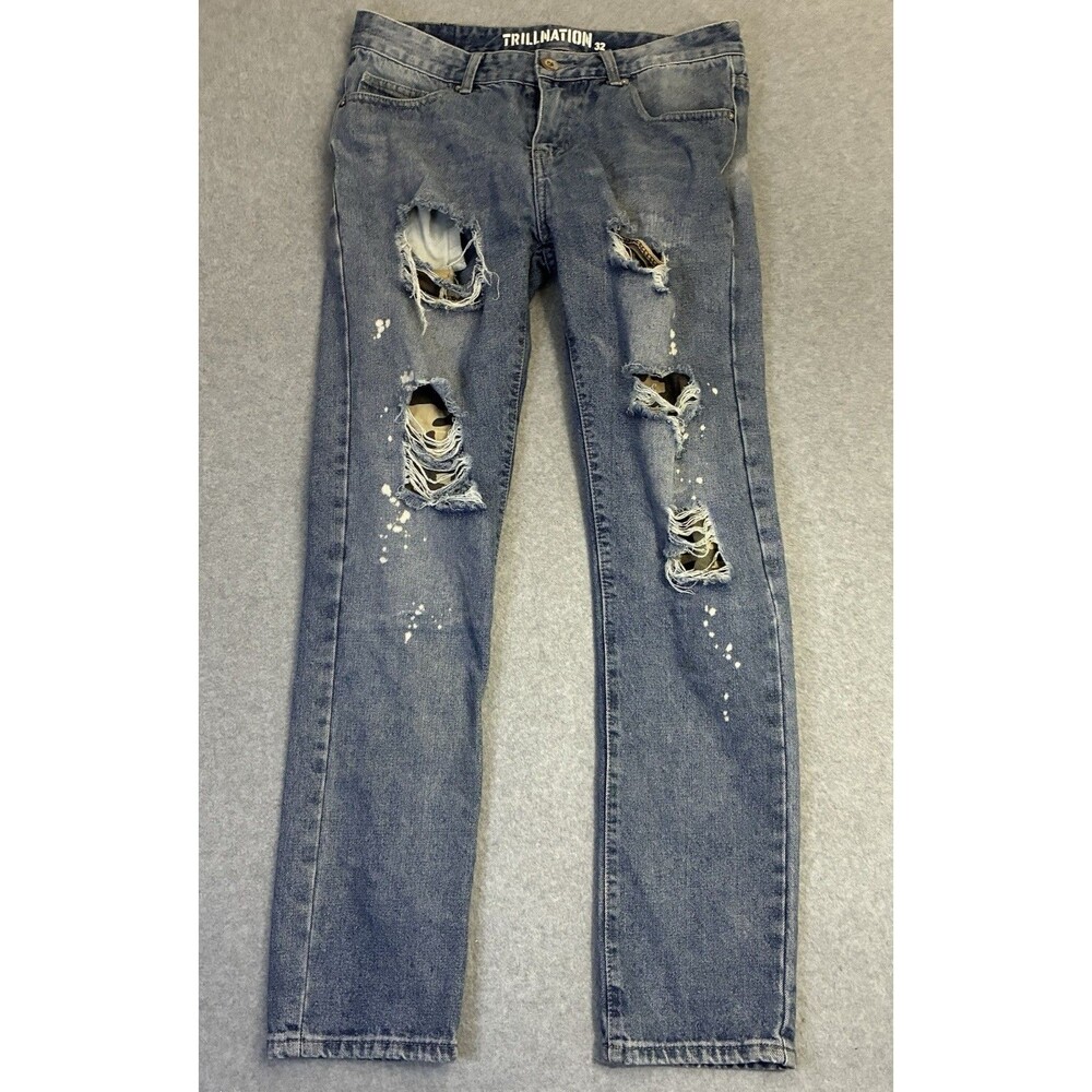 Trillnation Jeans Mens 32 Distressed Paint Splatter Camo Patch Streetwear Denin